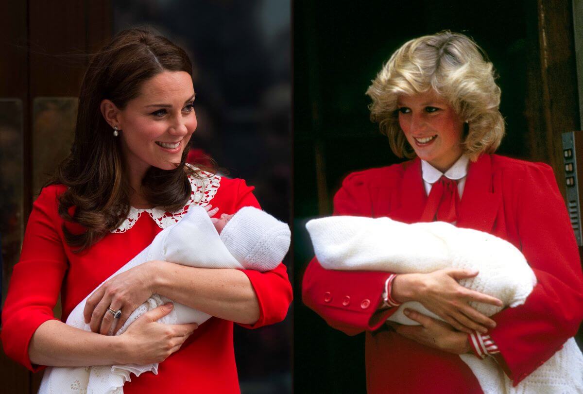 Photo composite a comparison of Kate Middleton, who a ex-palace aide 'will never be Princess Diana,' holding a newborn Prince Louis, and Princess Diana holding a newborn Prince Harry outside hospital