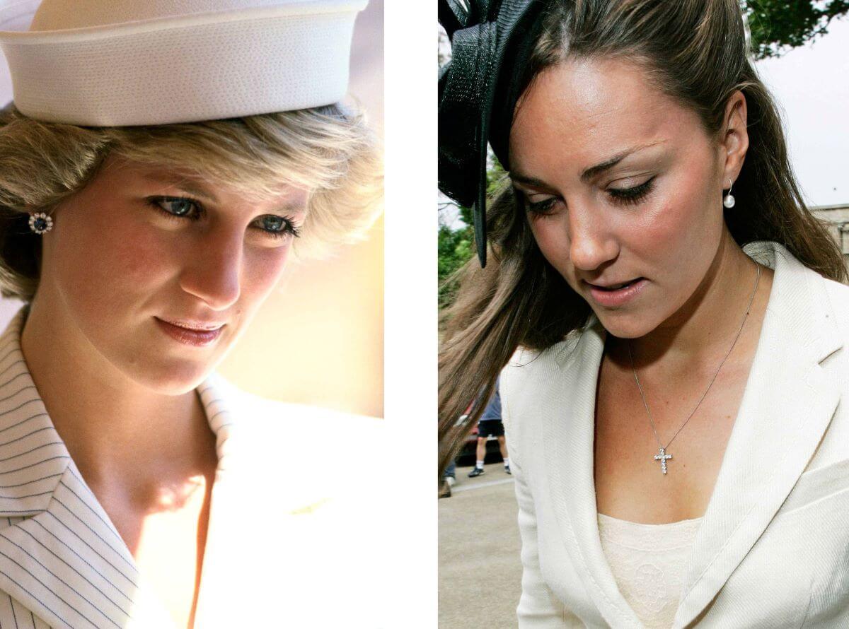 Photo composite image comparison of Princess Diana in La Spezia, Italy and Kate Middleton in Burford, England