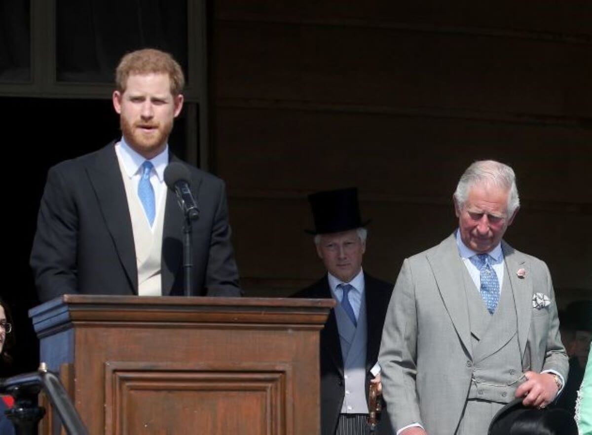 Prince Harry gives a speech next to now-King Charles at his 70th Birthday Patronage Celebration held at Buckingham Palace
