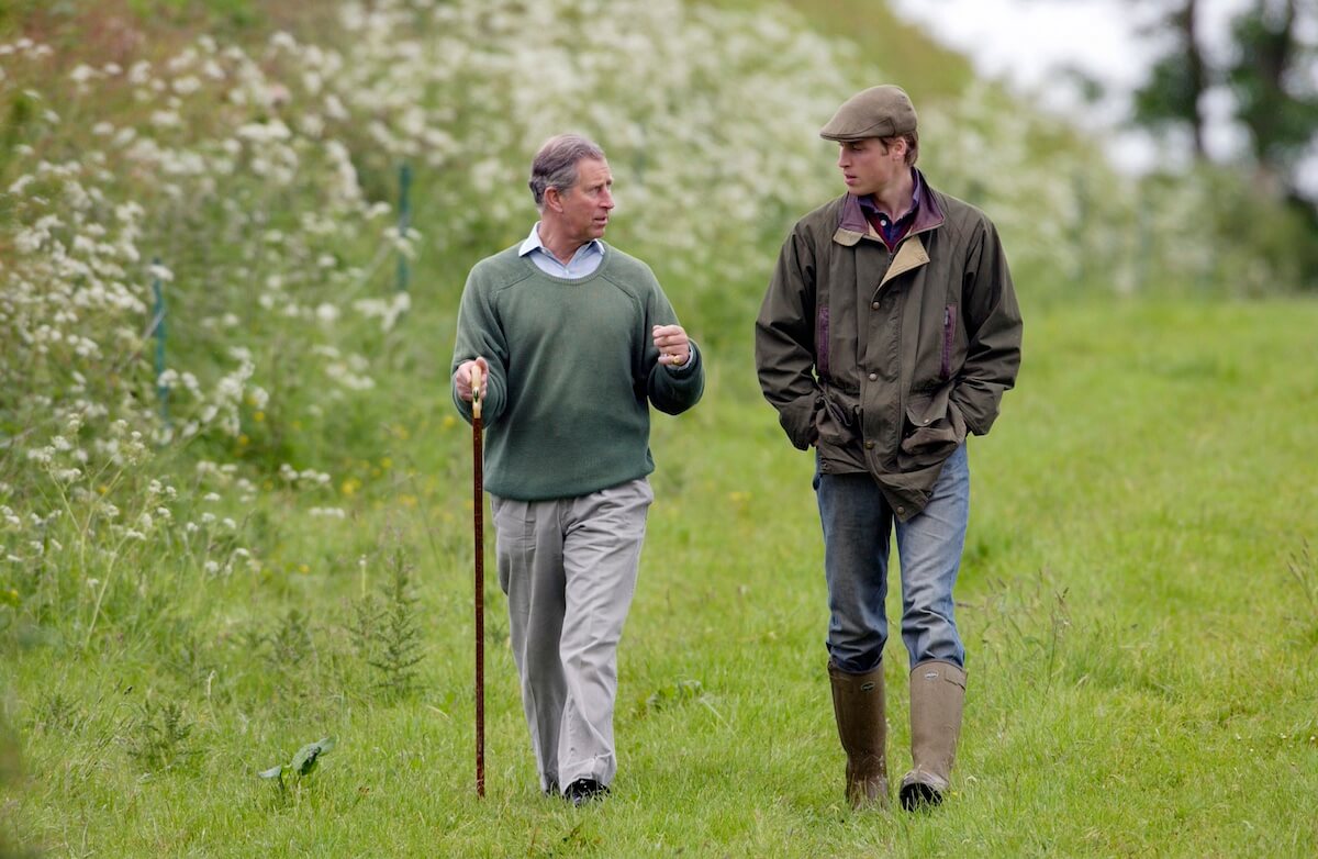 King Charles and Prince William walk next to each other and talk in a field.