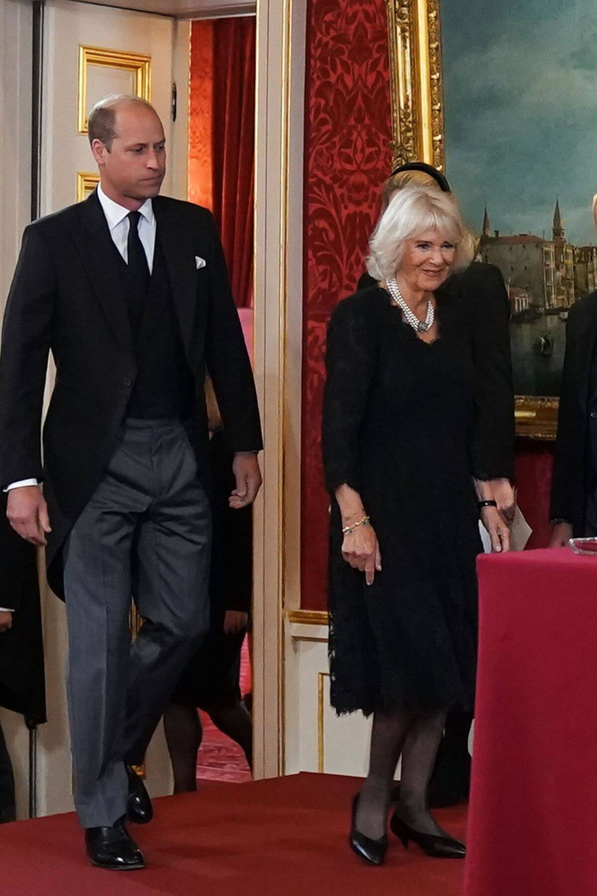 Prince William and Queen Camilla arrive at the Throne Room during the Accession Council ceremony at St. James's Palace for the proclamation of King Charles III