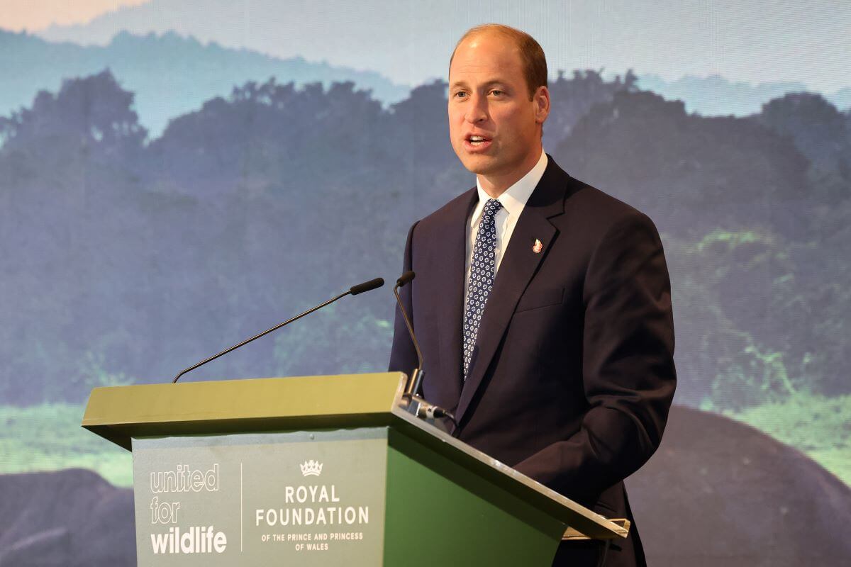 Prince William, who a body language expert says was 'not at a loss' without wife Kate by his side, speaks on stage at the United for Wildlife Global Summit in Singapore