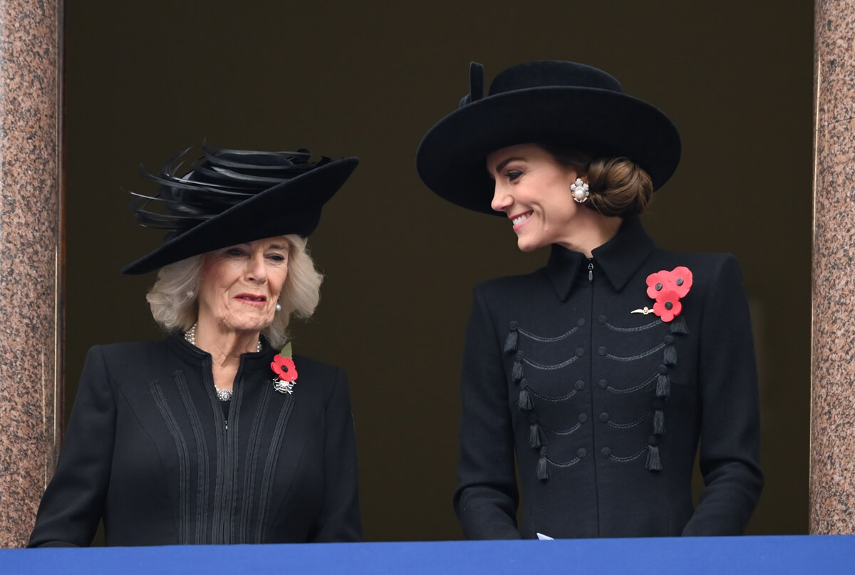 Queen Camilla and Kate Middleton share a smile during the National Service of Remembrance at The Cenotaph