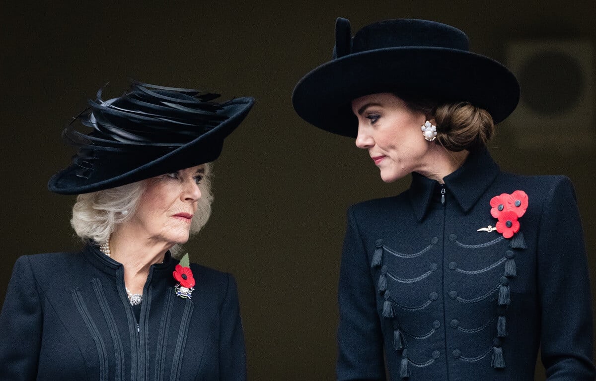 Queen Camilla (formerly Camilla Parker Bowles) and Kate Middleton, who had to remind her she has the higher authority, seen during the National Service of Remembrance at The Cenotaph