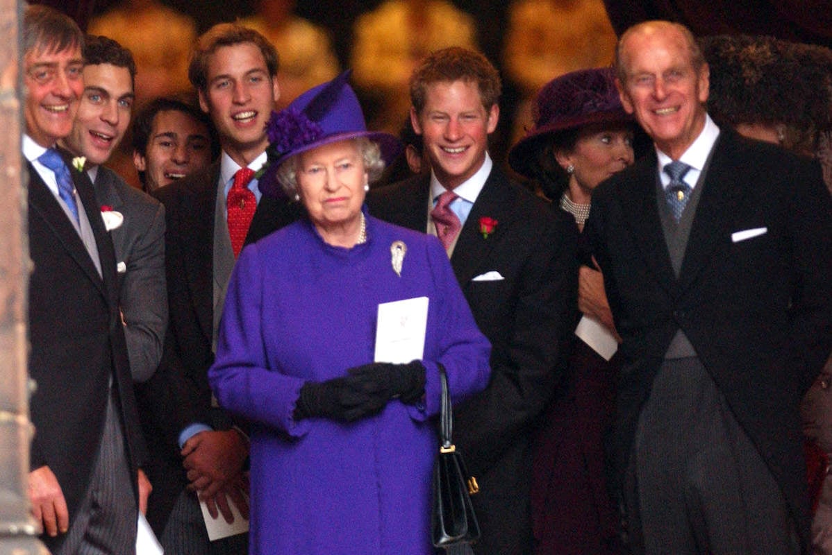 Queen Elizabeth II, Prince William, Prince Harry, and Prince Philip at a 2004 society wedding Queen Camilla was also invited to attend