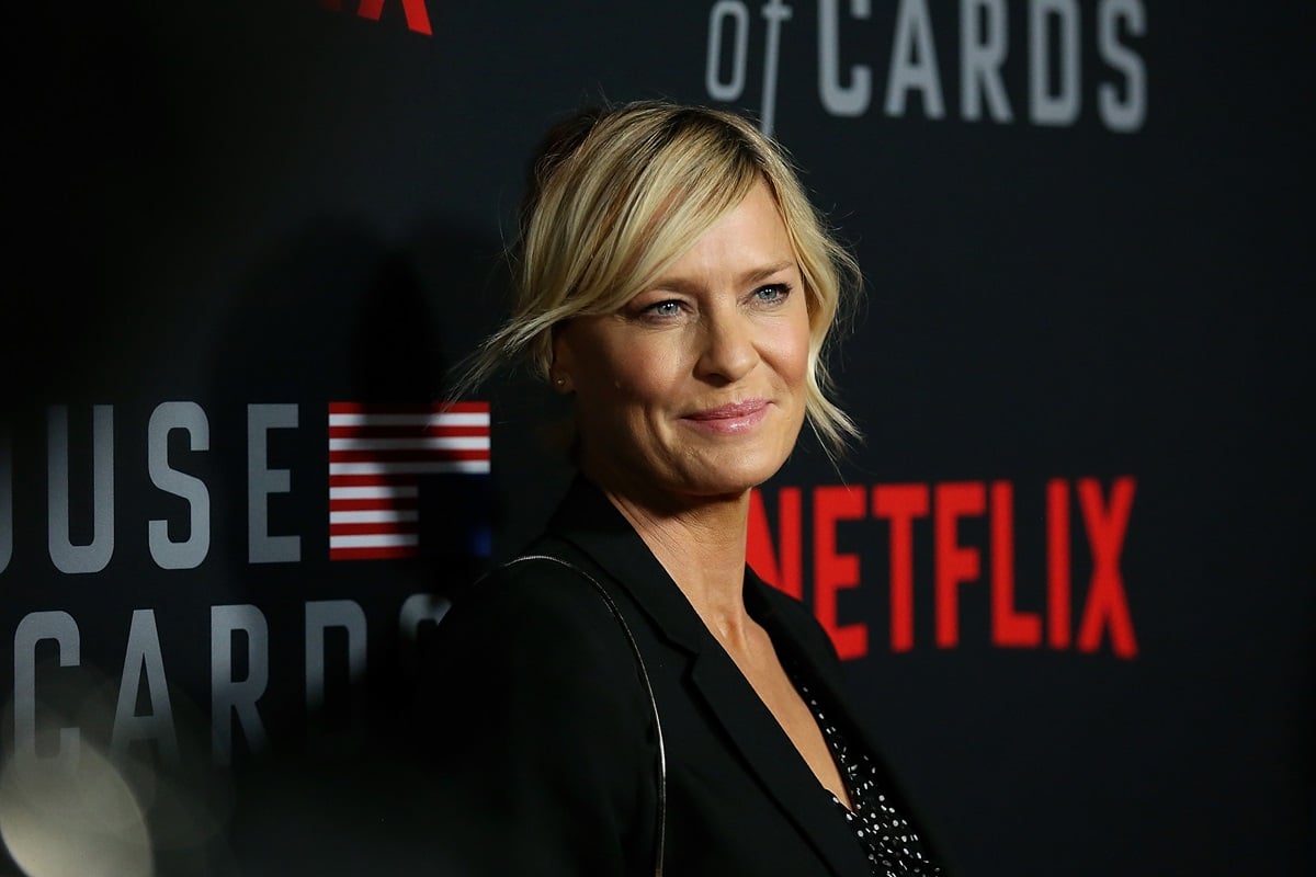 Robin Wright posing in a black suit at the season 6 screening of 'House of Cards'.