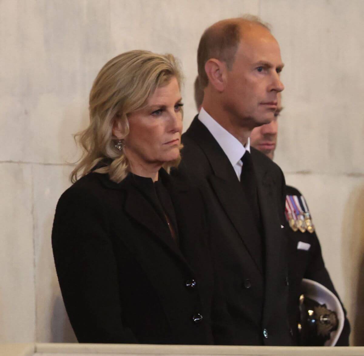 Sophie and Prince Edward watch as the Queen Elizabeth II's grandchildren hold a vigil around the late monarch's coffin