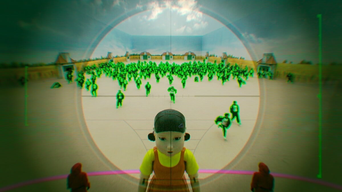 Large doll overlooking Red Light Green Light game in 'Squid Game: The Challenge'