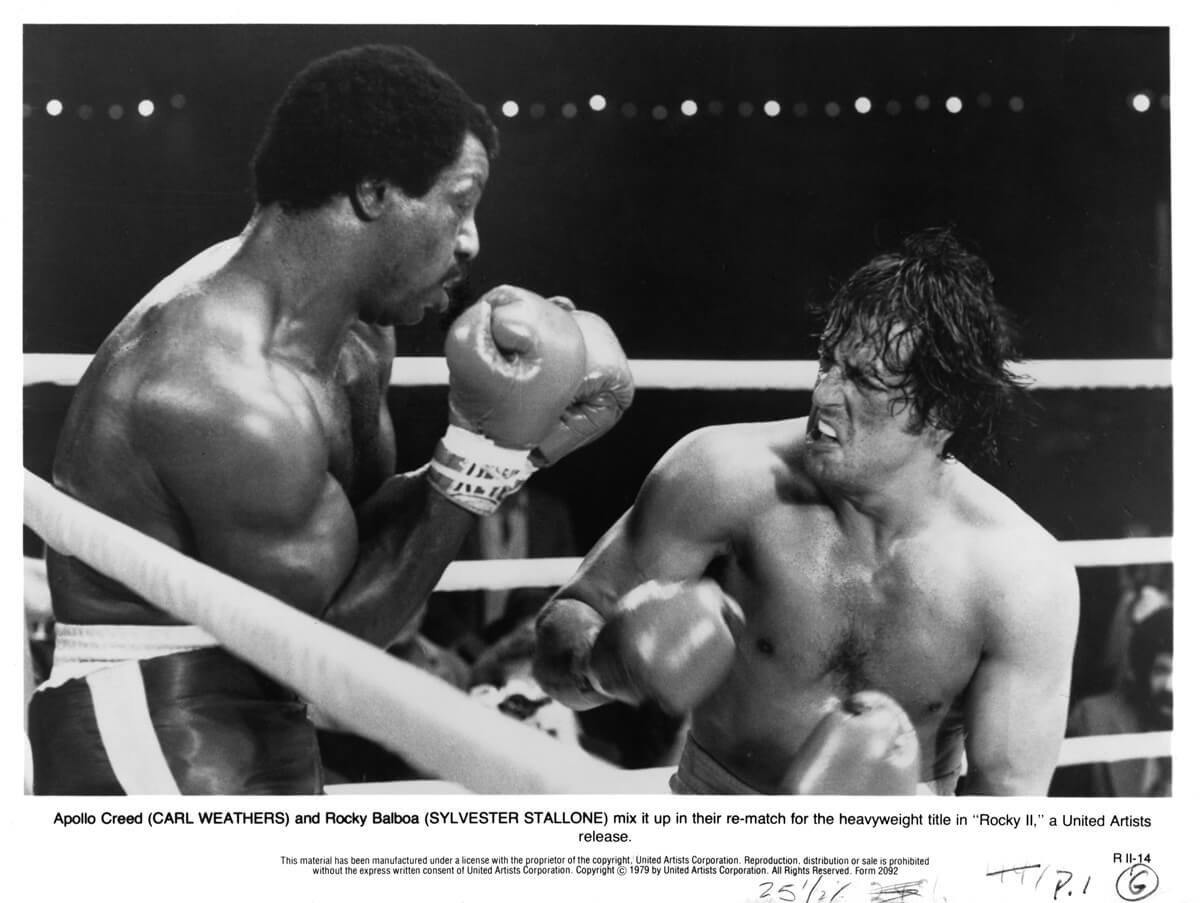 Sylvester Stallone as Rocky fighting Carl Weathers who plays Apollo Creed in 'Rocky II'.