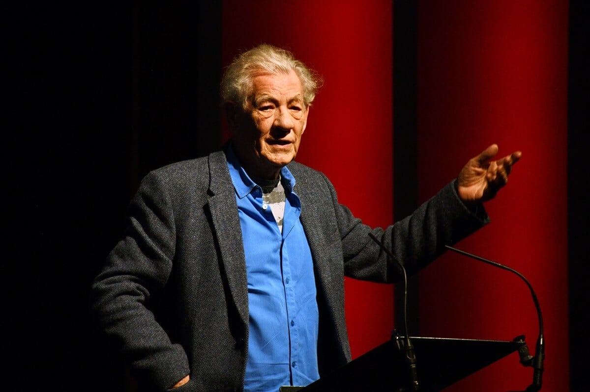 Ian McKellen speaking on stage during onstage during "Madly, Deeply: A Celebration Of Alan Rickman".