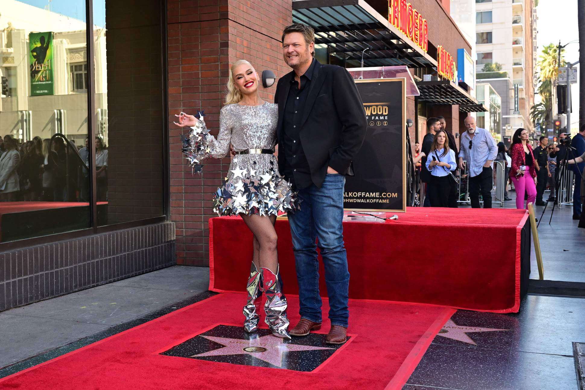 'The Voice' stars Blake Shelton and Gwen Stefani standing together on the Hollywood Walk of Fame