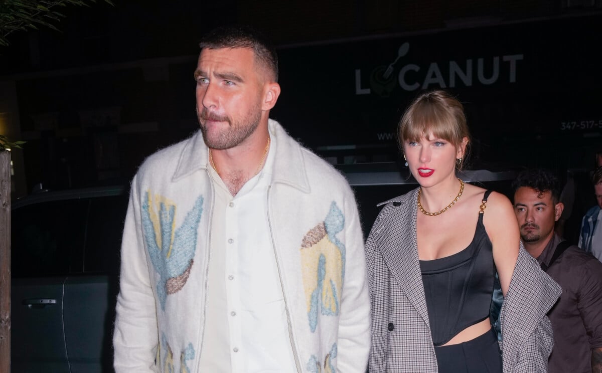 Travis Kelce and Taylor Swift arrive at SNL Afterparty on October 15, 2023 in New York City