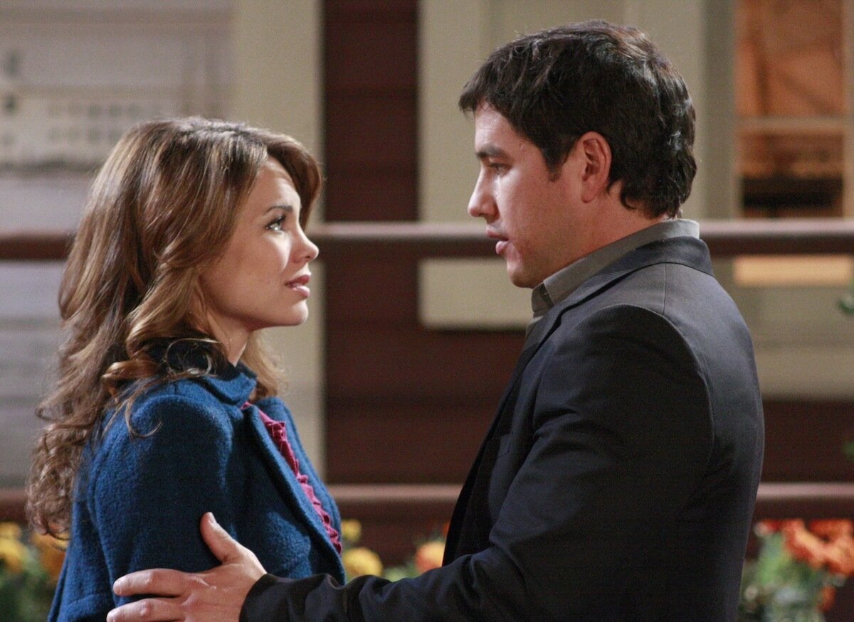 Rebecca Herbst and Tyler Christopher looking at each other in a scene from 'General Hospital'