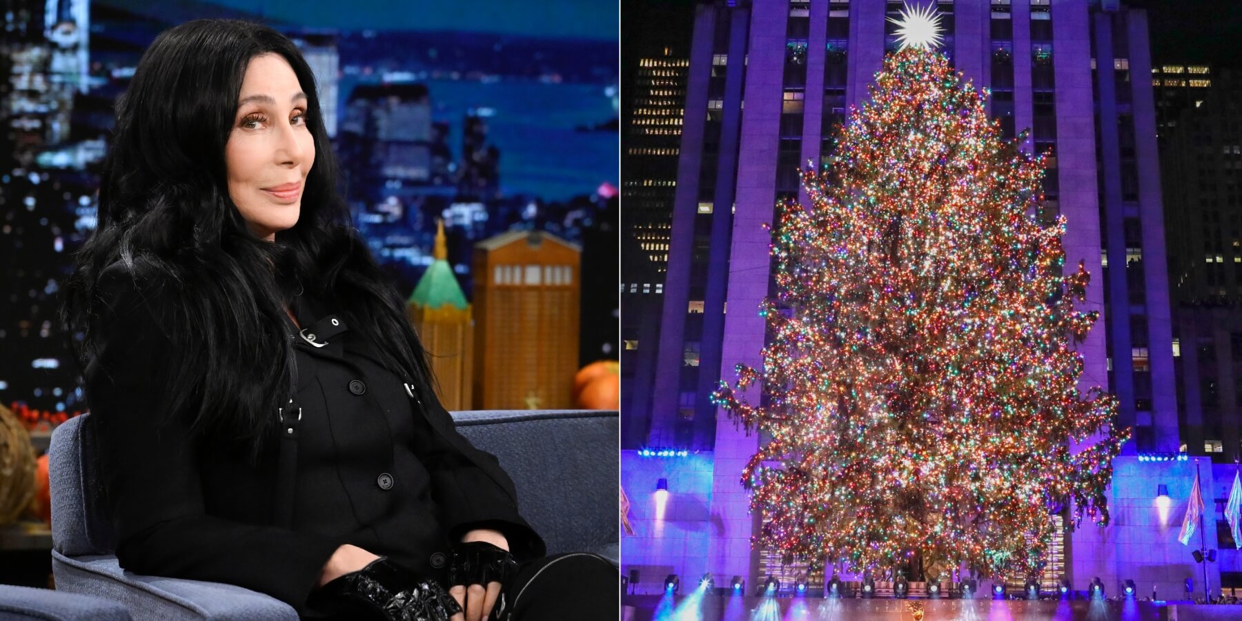Cher in a side by side image alongside the Rockefeller Center Christmas Tree.