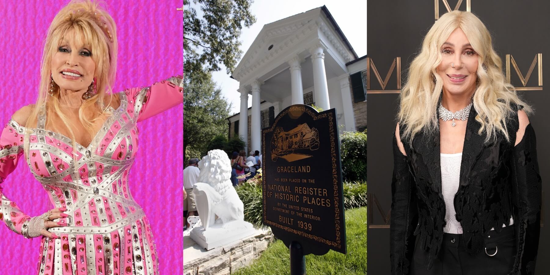 Dolly Parton, Graceland, Cher are in side-by-side photographs. They will be featured in 2023 holiday specials.