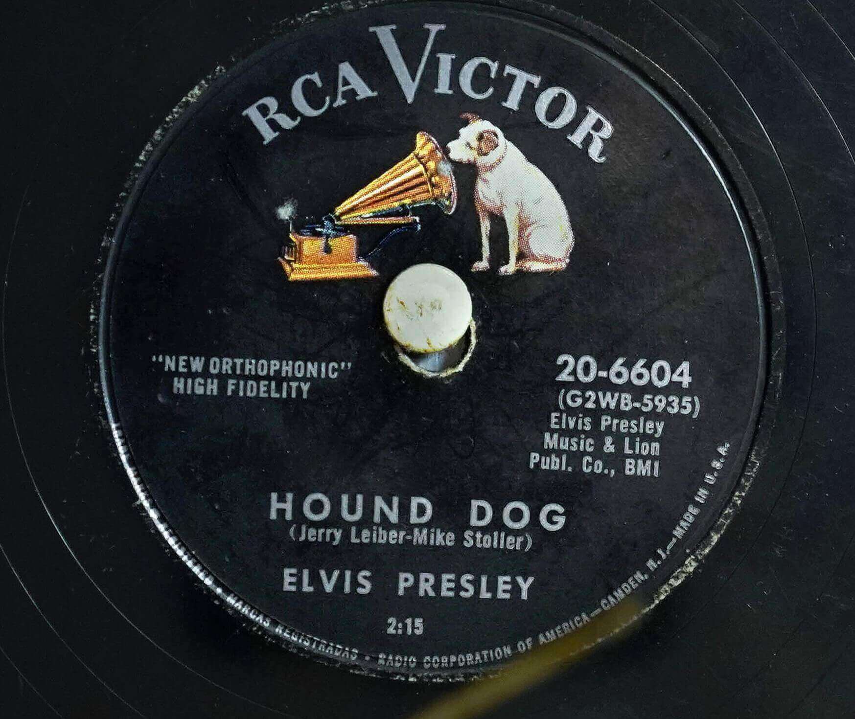 A vinyl copy of Elvis Presley's "Hound Dog"