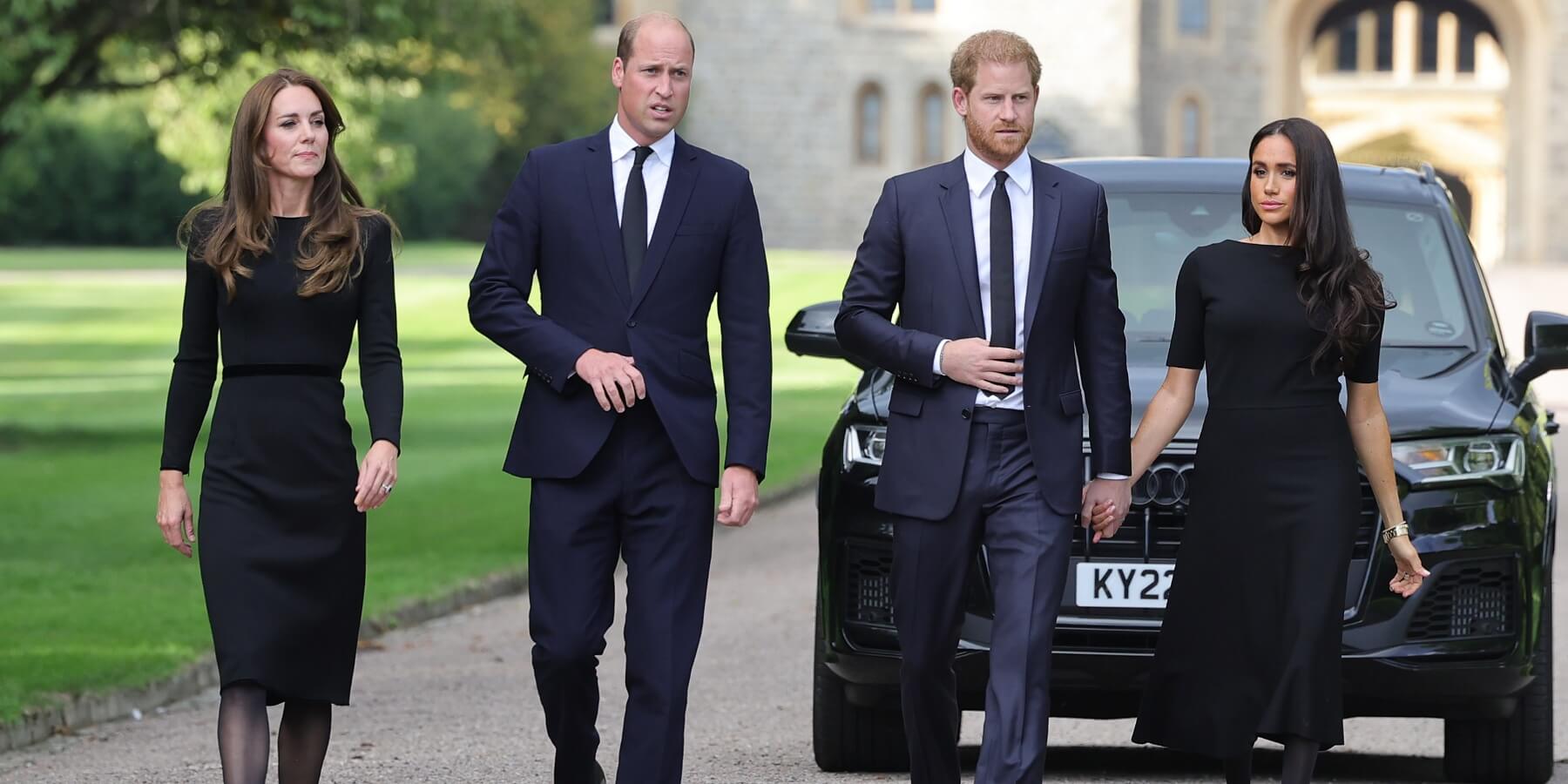 Kate Middleton, Prince William, Prince Harry and Meghan Markle during the Long Walk for Queen Elizabeth after her death.