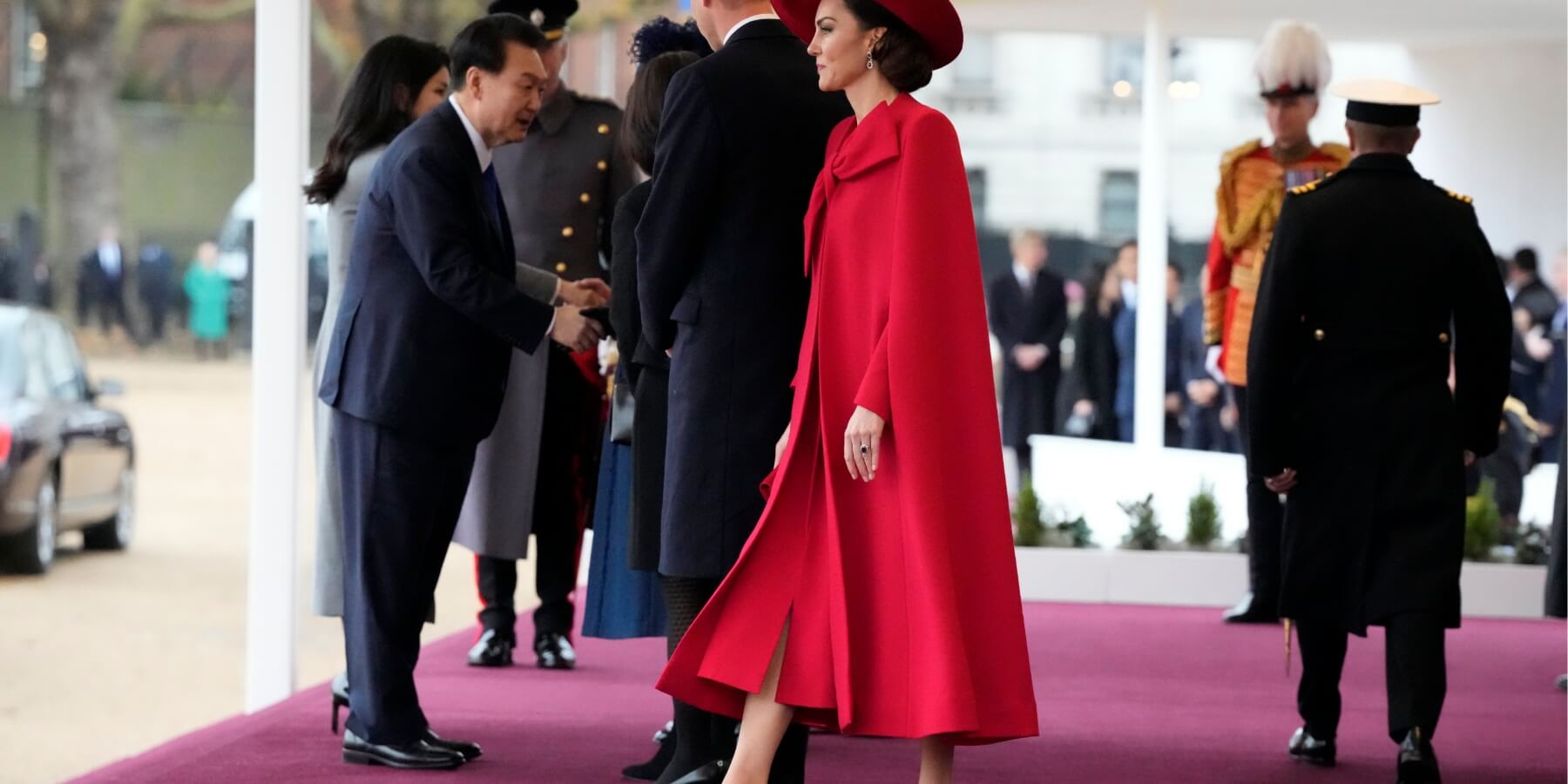 Kate Middleton walks during a during a ceremonial welcome for The President and the First Lady of the Republic of Korea at Horse Guards Parade on November 21, 2023 in London, England.