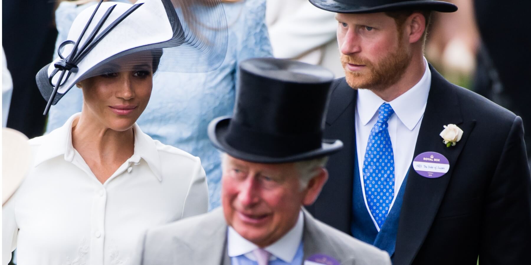 Meghan Markle, King Charles, and Prince Harry attend Royal Ascot Day 1 at Ascot Racecourse on June 19, 2018, in Ascot, United Kingdom.