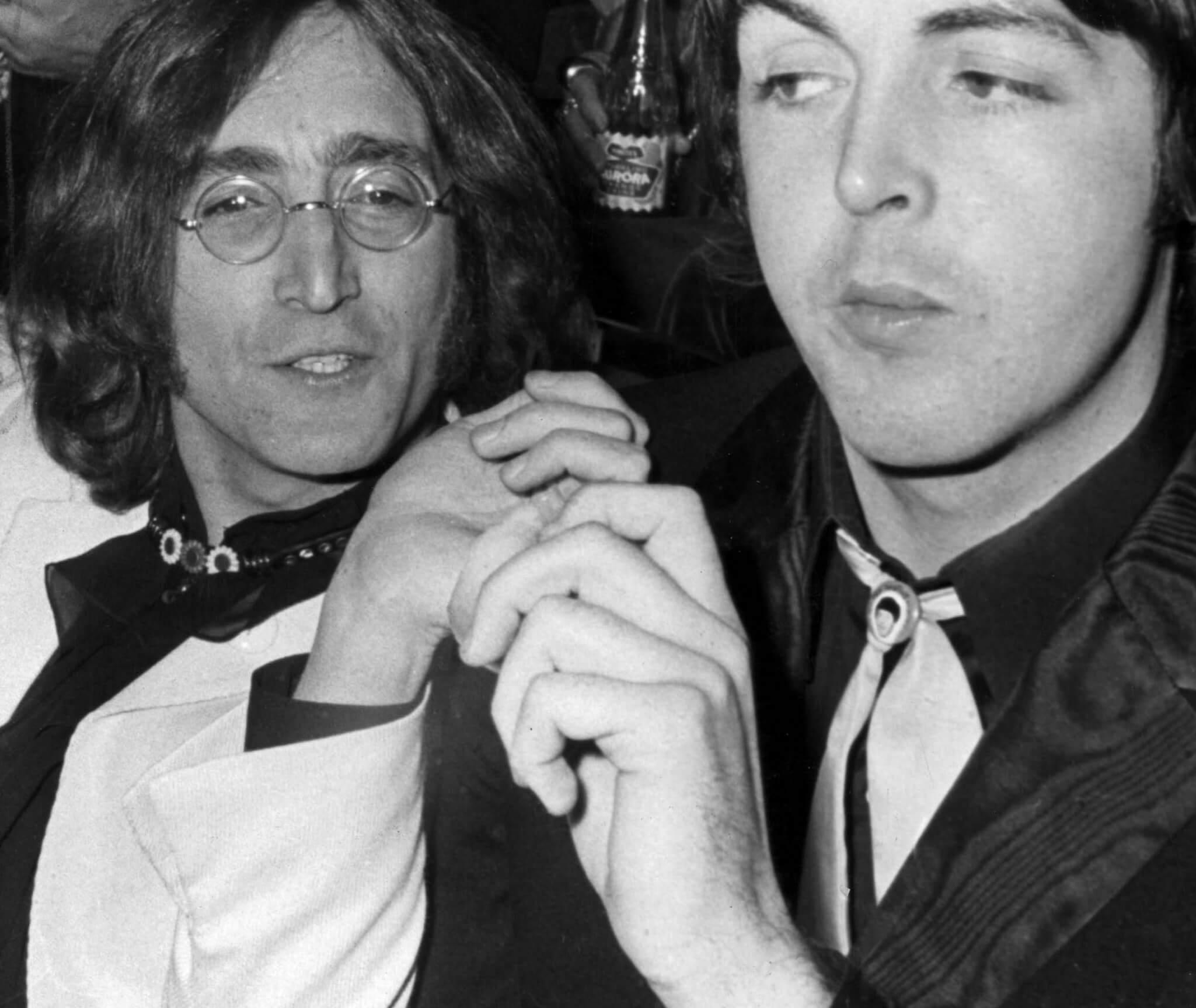 John Lennon and Paul McCartney in black-and-white