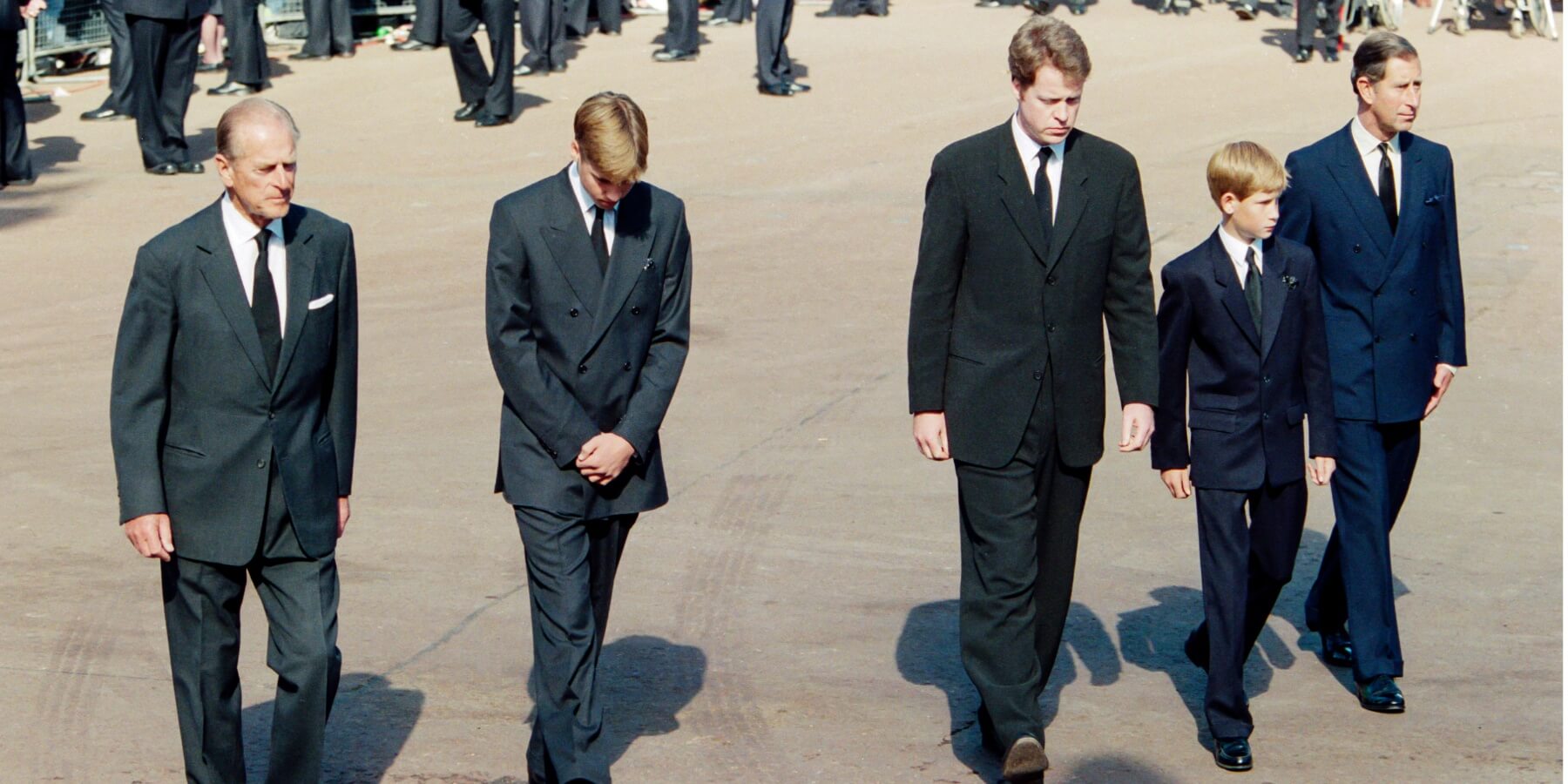 Prince Philip, Prince William, Earl Spencer, Prince Harry, and King Charles walk behind Princess Diana's coffin during her funeral in September 2023.