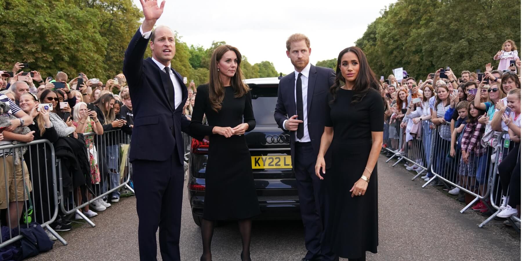 Prince William, Kate Middleton, Prince Harry and Meghan Markle pose outside of Balmoral Castle in September 2022.