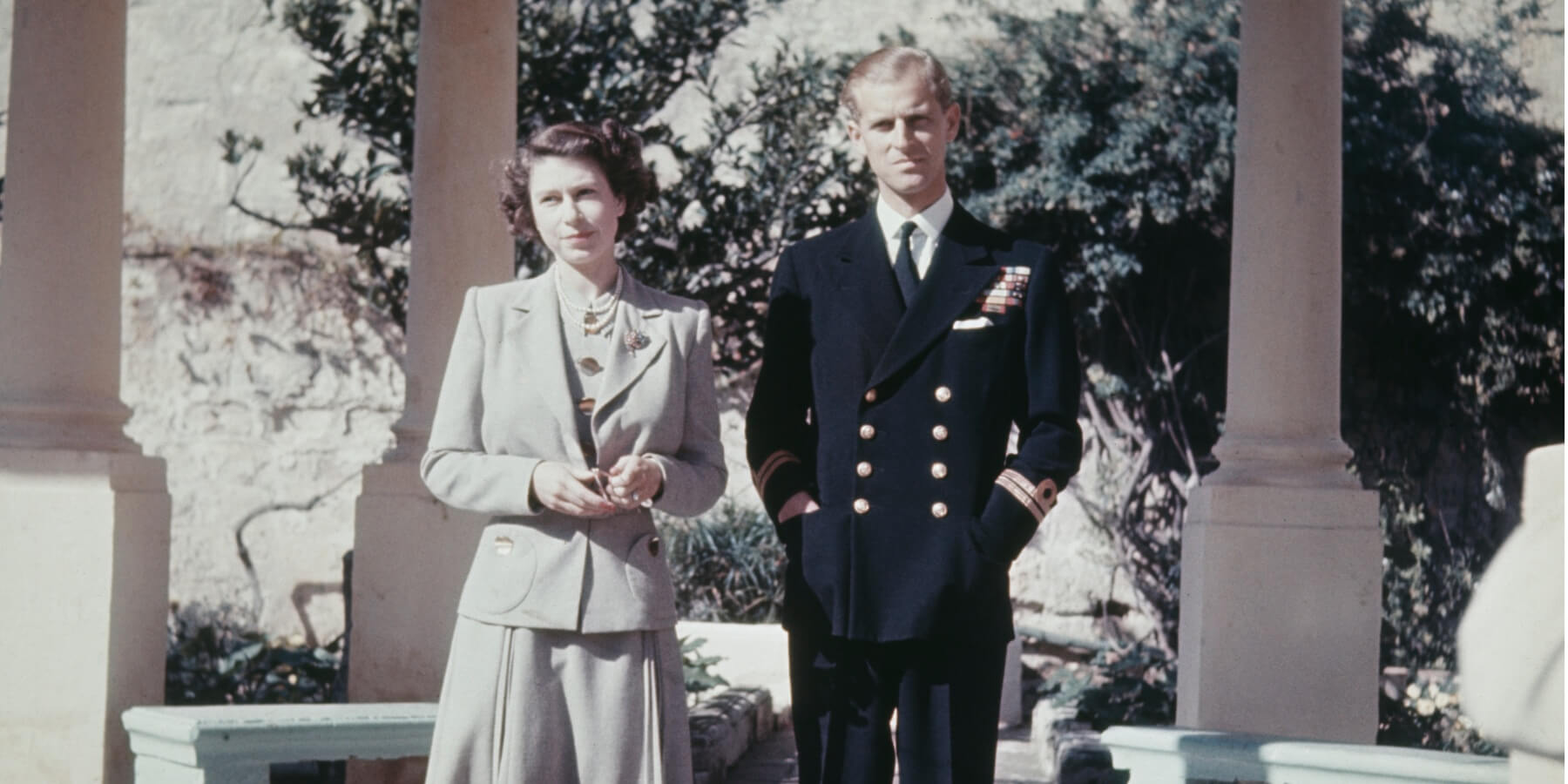 Queen Elizabeth and Prince Philip photographed outside of Villa Guardamangia in Malta.