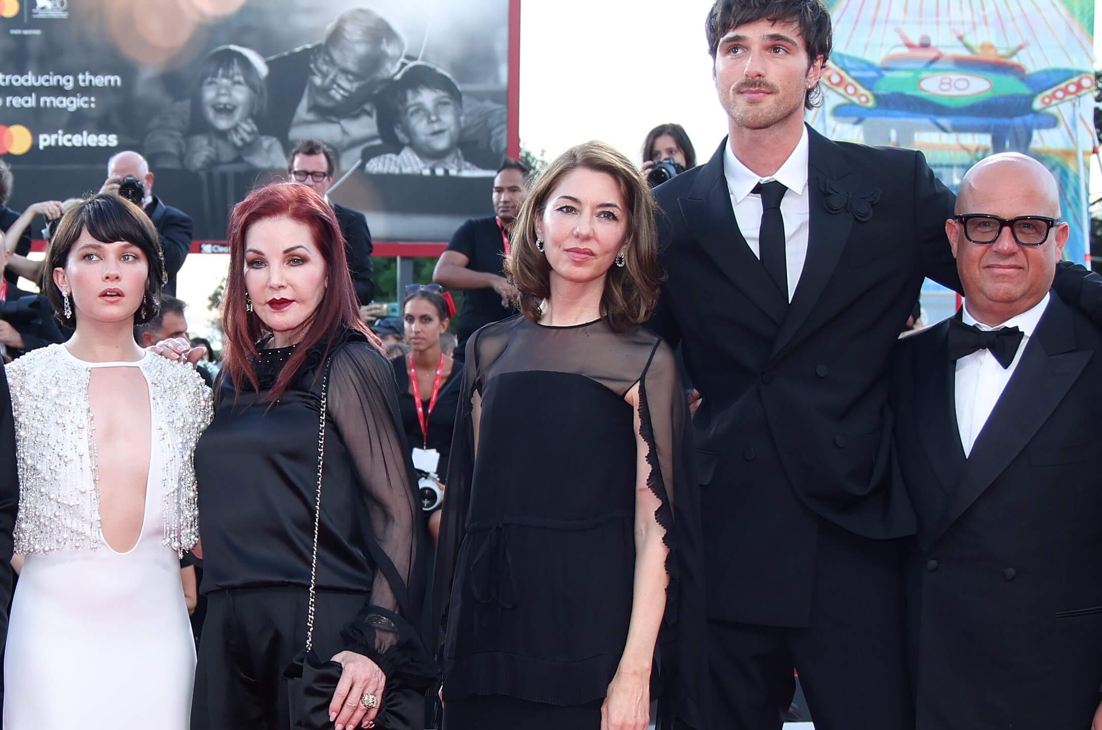 Cailee Spaeny, Priscilla Presley, Sofia Coppola, Jacob Elordi, and Youree Henley at a red carpet for the movie 'Priscilla'