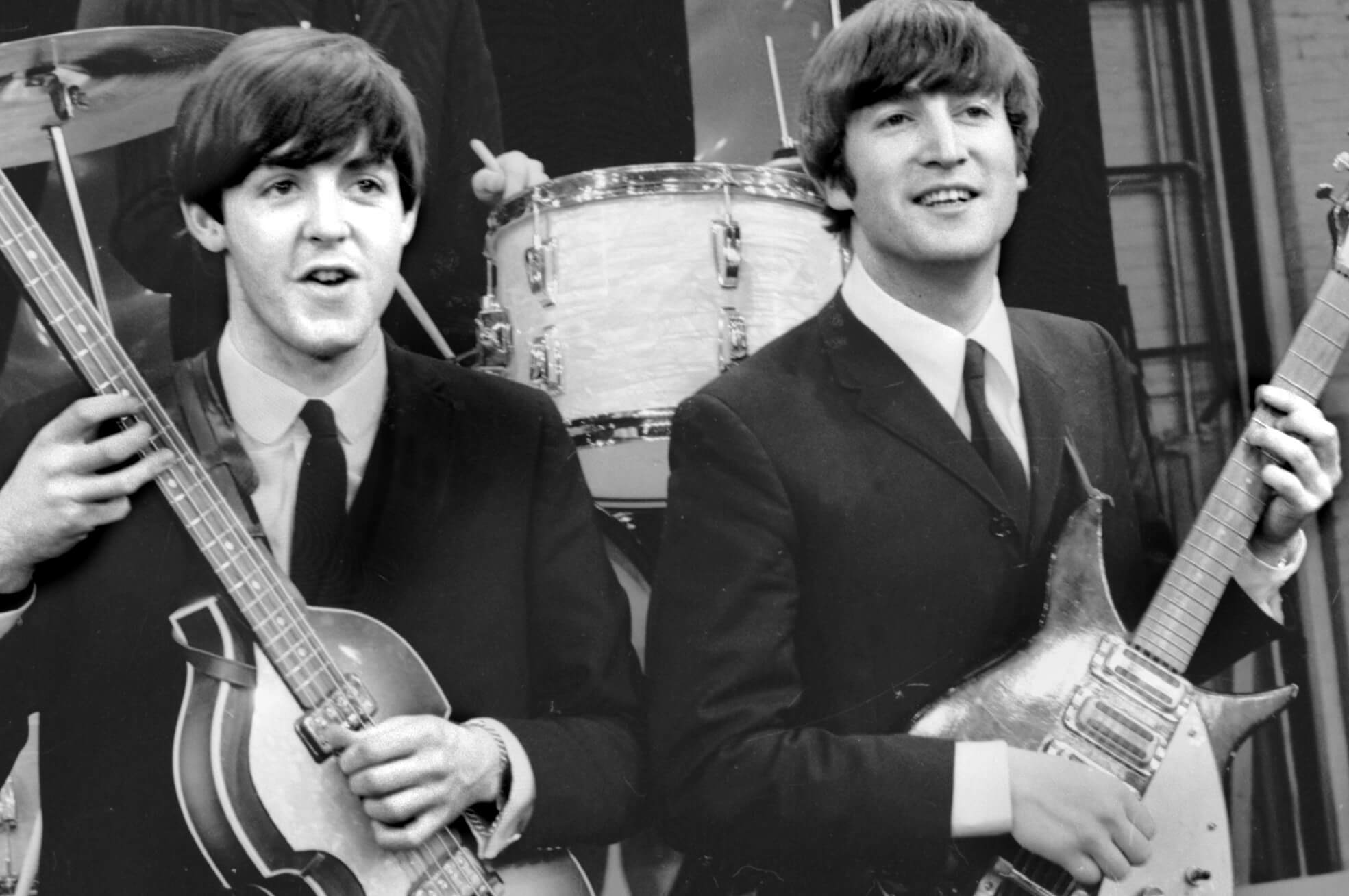 Paul McCartney and John Lennon during The Beatles' "I Saw Her Standing There" era