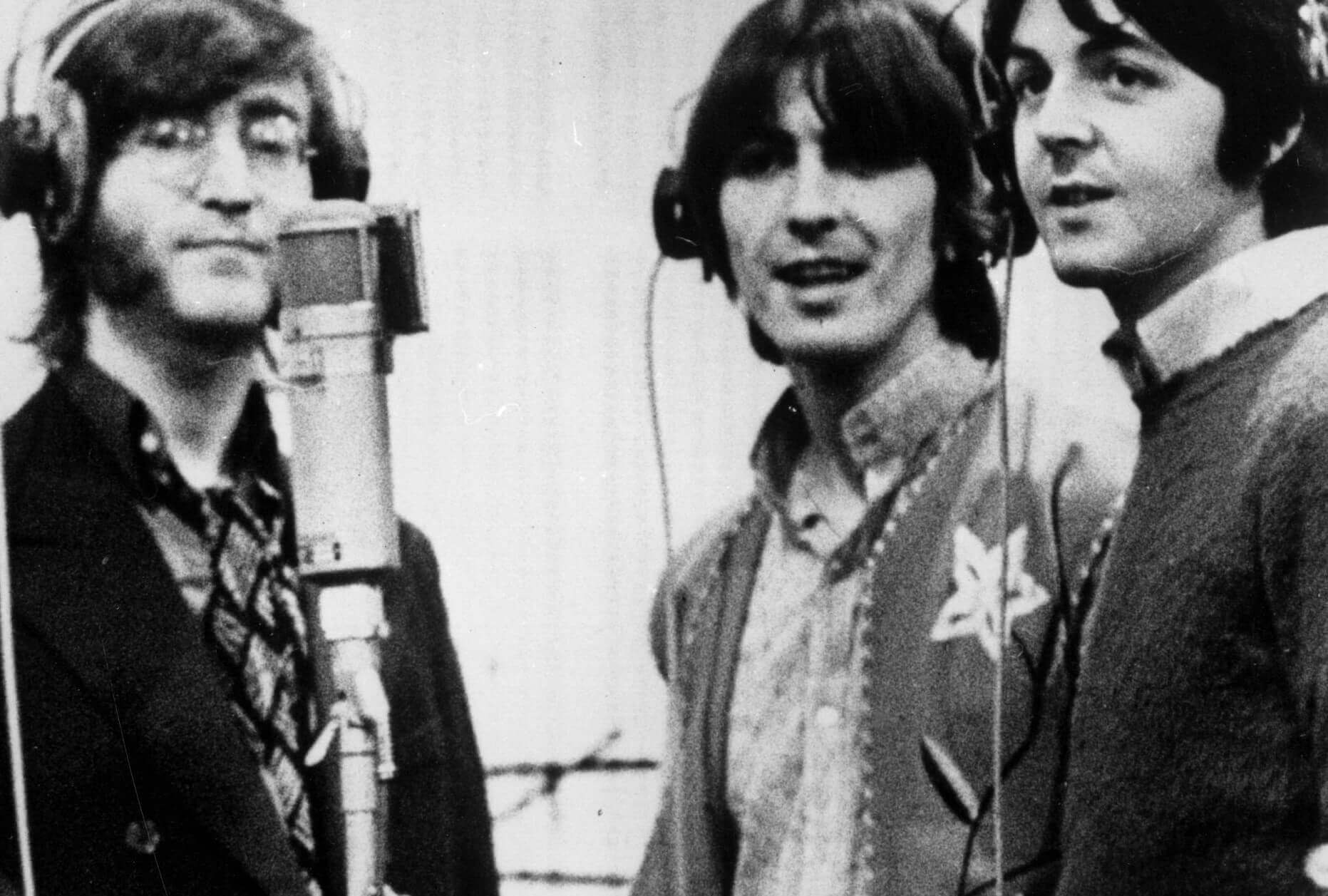 The Beatles' John Lennon, George Harrison, and Paul McCartney during the "Tomorrow Never Knows" era