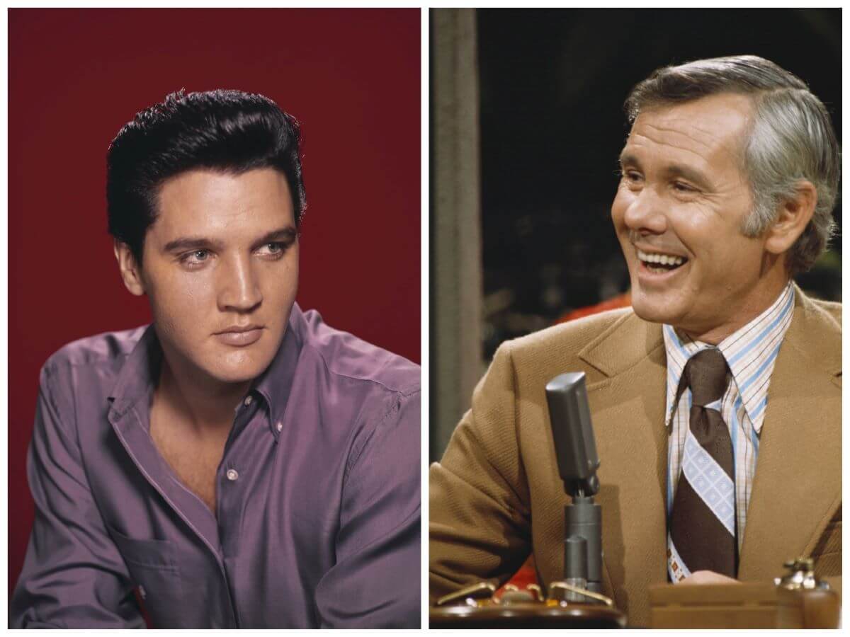 Elvis Presley wears a purple button-up shirt. Johnny Carson wears a suit and sits in front of a microphone.