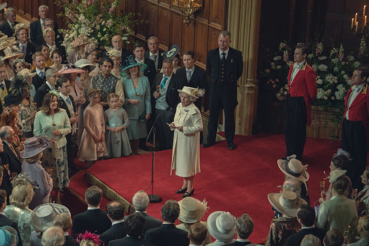 Imelda Staunton as Queen Elizabeth II in 'The Crown' Season 6 Episode 10: 'Sleep, Dearie Sleep' delivering a speech at King Charles and Queen Camilla's wedding reception