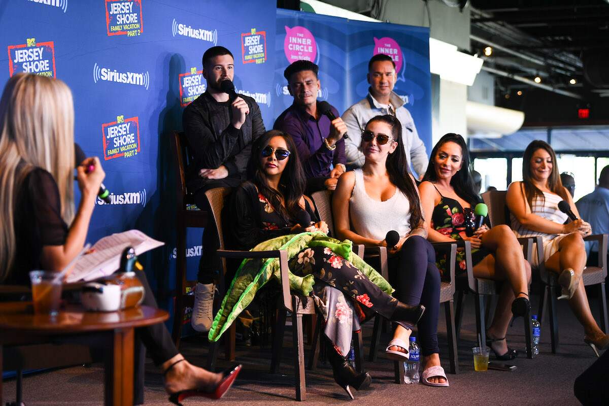 Jenny McCarthy, Mike 'The Situation' Sorrentino, Paul DelVecchio aka Pauly D, Nicole 'Snooki' Polizzi, Vinny Guadagnino, Jenni Farley aka JWoww, Angelina Pivarnick, and Deena Nicole Cortese attend Jenny McCarthy's SiriusXM Show