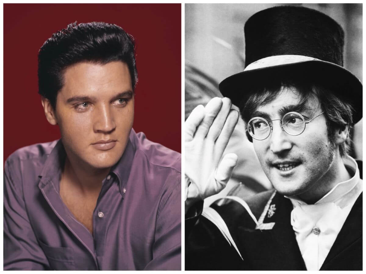 Elvis Presley wears a button-up shirt and poses in front of a maroon background. John Lennon wears a top hat and glasses. He salutes with a gloved hand.