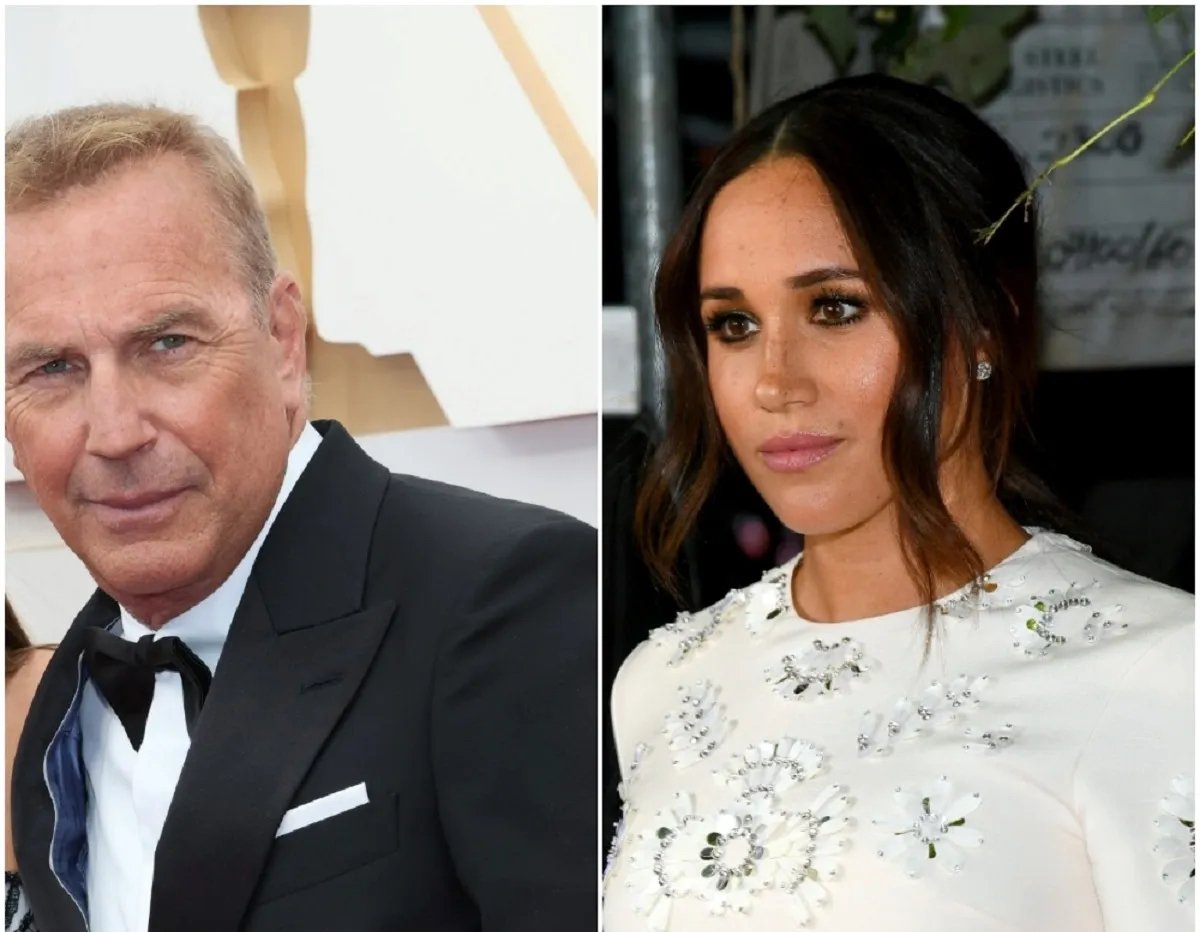 Pictures next to each other on of actors Kevin Costner and Meghan Markle on red carpets