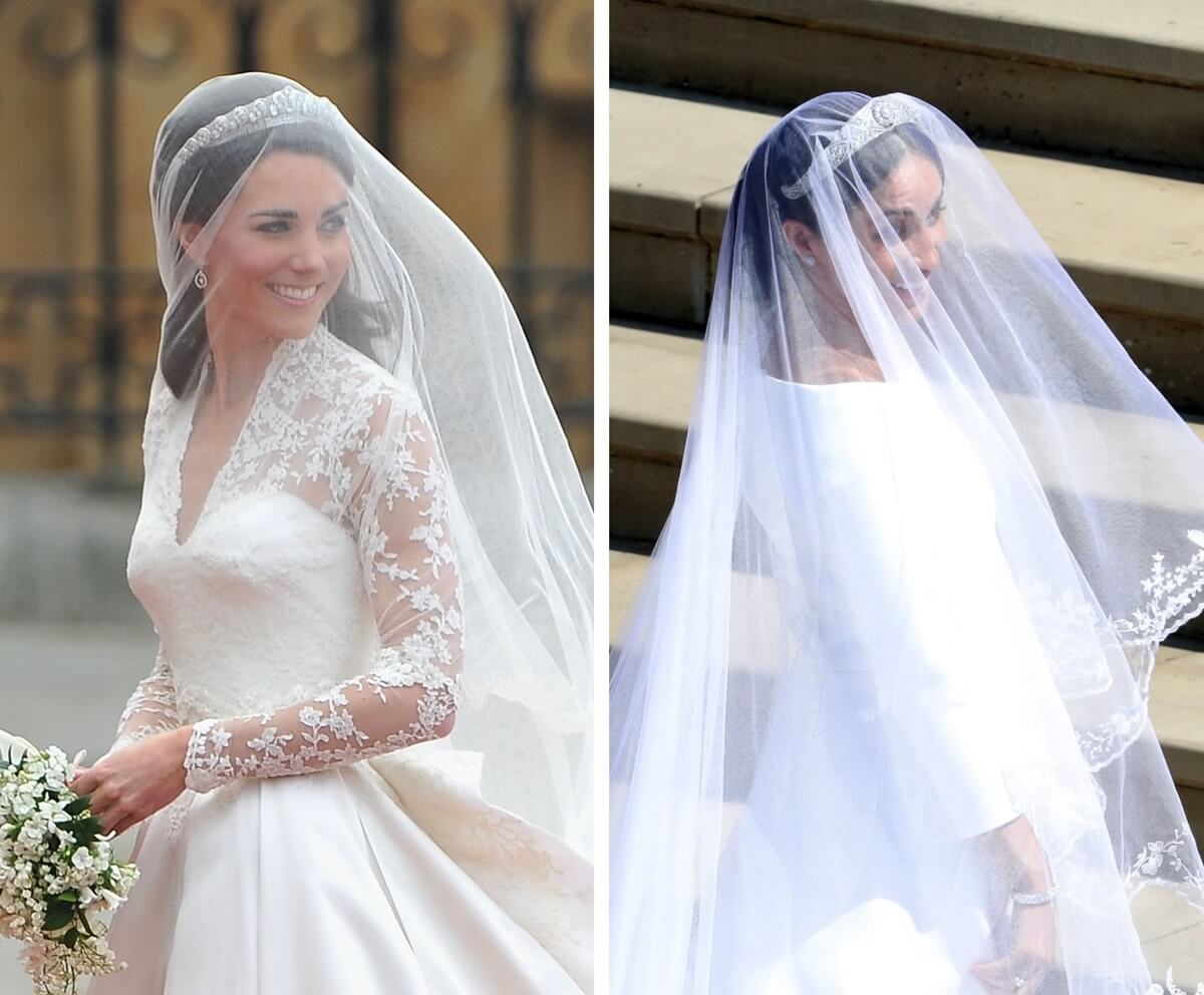(L): Kate Middleton smiles in her dress as she arrives for her royal wedding, (R) Meghan Markle smiles in her dress as she arrives for her royal wedding