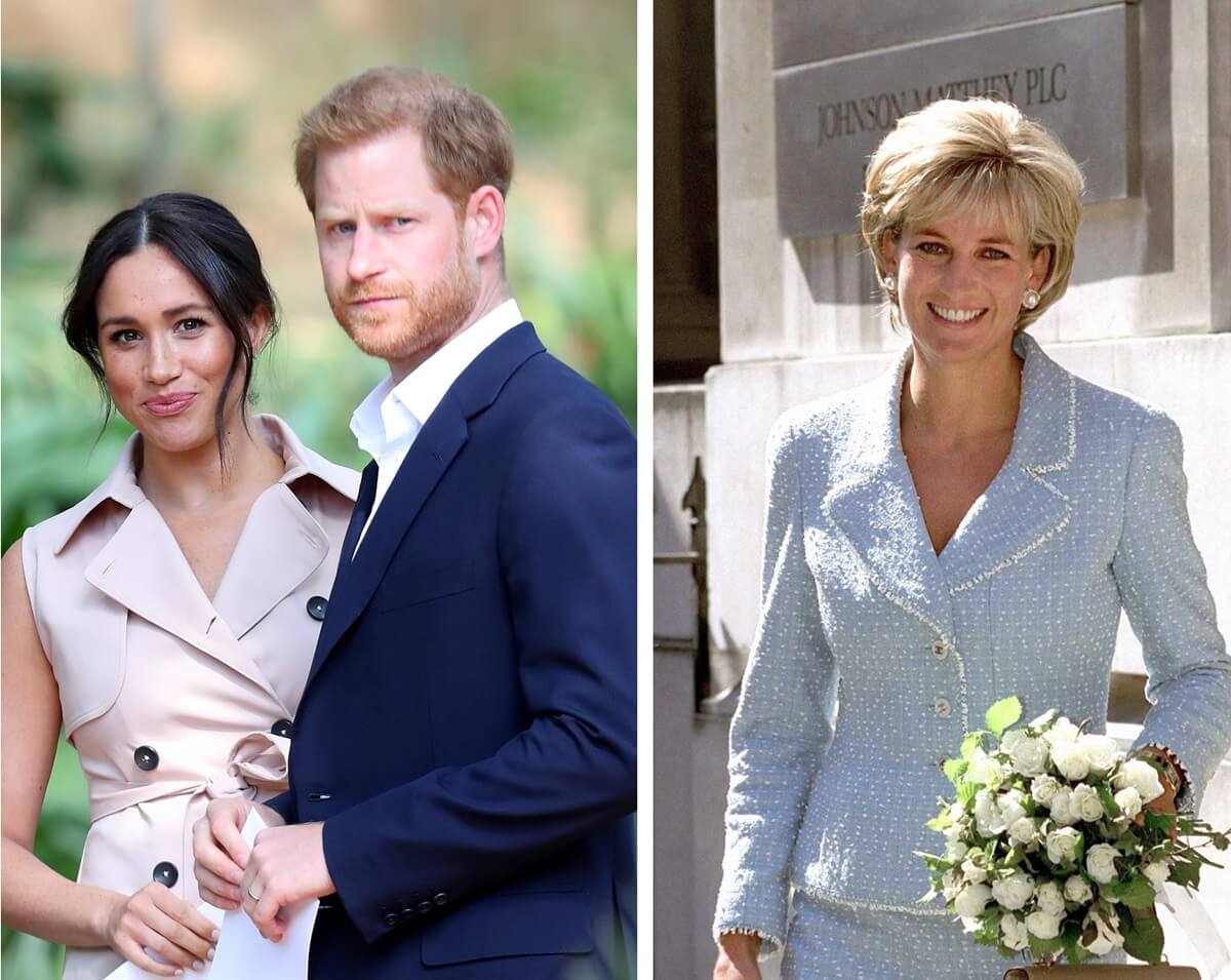 (L): Meghan Markle and Prince Harry during tour of South Africa, (R): Princess Diana at the British Lung Foundation