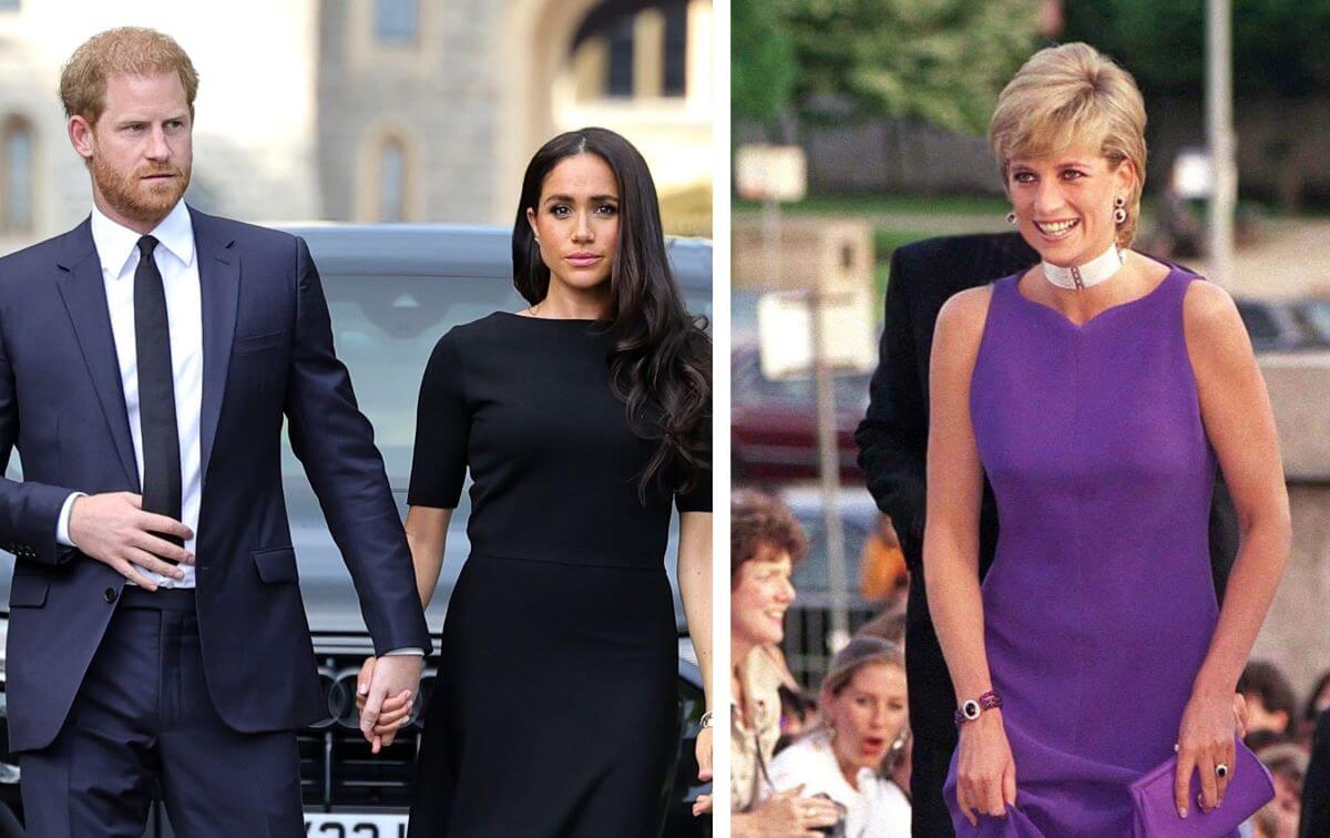 (L): Prince Harry and Meghan Markle arrive on the Long Walk at Windsor Castle, (R): Princess Diana arrives to a gala in Chicago