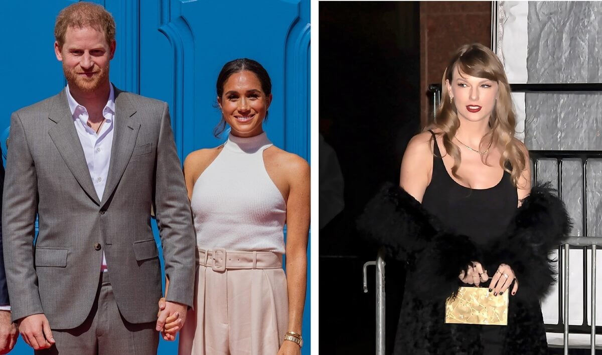 (L): Prince Harry and Meghan Markle at event in Germany, (R): Taylor Swift out and about New York City