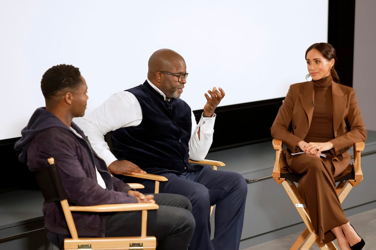 Meghan Markle moderates a November 2023 discussion about 'The After,' sitting with director Misan Harriman and star David Oyelowo