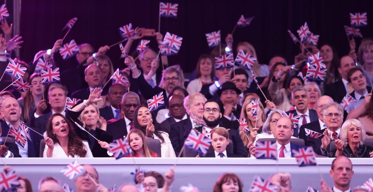 Members of the royal family including Prince William, Kate Middleton, and Zara and Mike Tindall, sing along during the Platinum Party at the Palace in front of Buckingham Palace