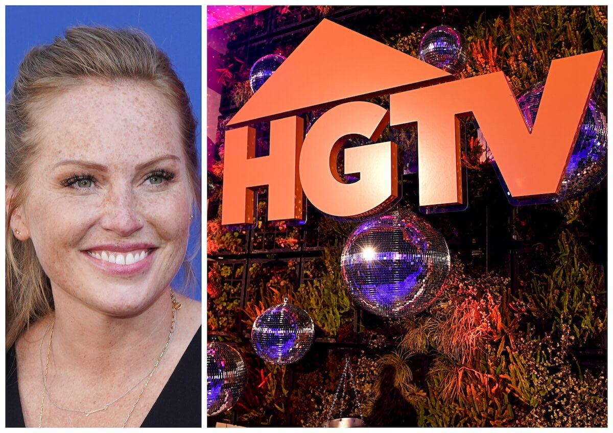 Photo of Mina Starsiak Hawk of 'Good Bones' with her hair pulled back from her face next to the HGTV logo