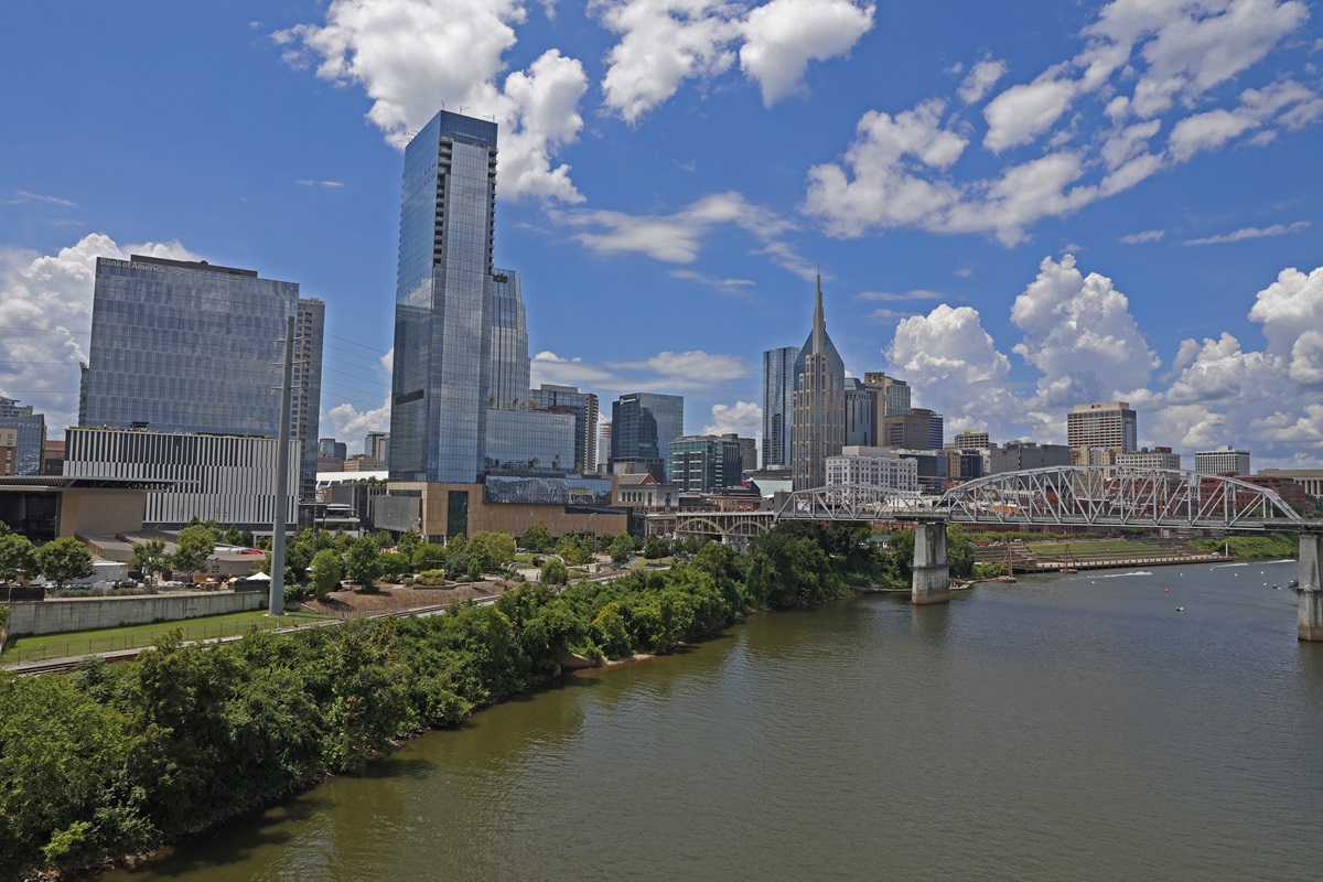 A wide angle view of the Nashville downtown skyline