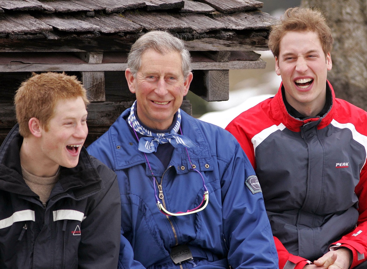 Now-KIng Charles III, Prince Harry, and Prince William attend a photocall in Klosters, Switzerland