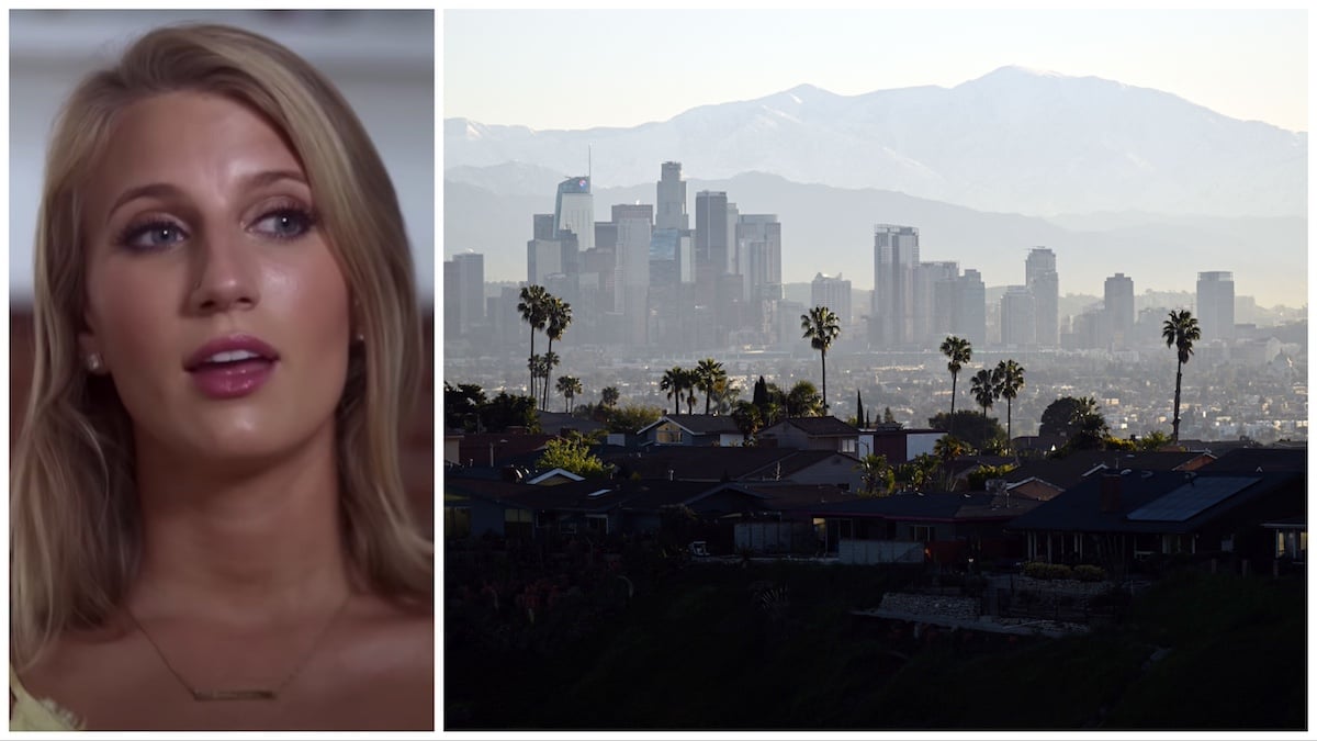 Photo of Olivia Plath next to photo of the Los Angeles skyline with palm trees