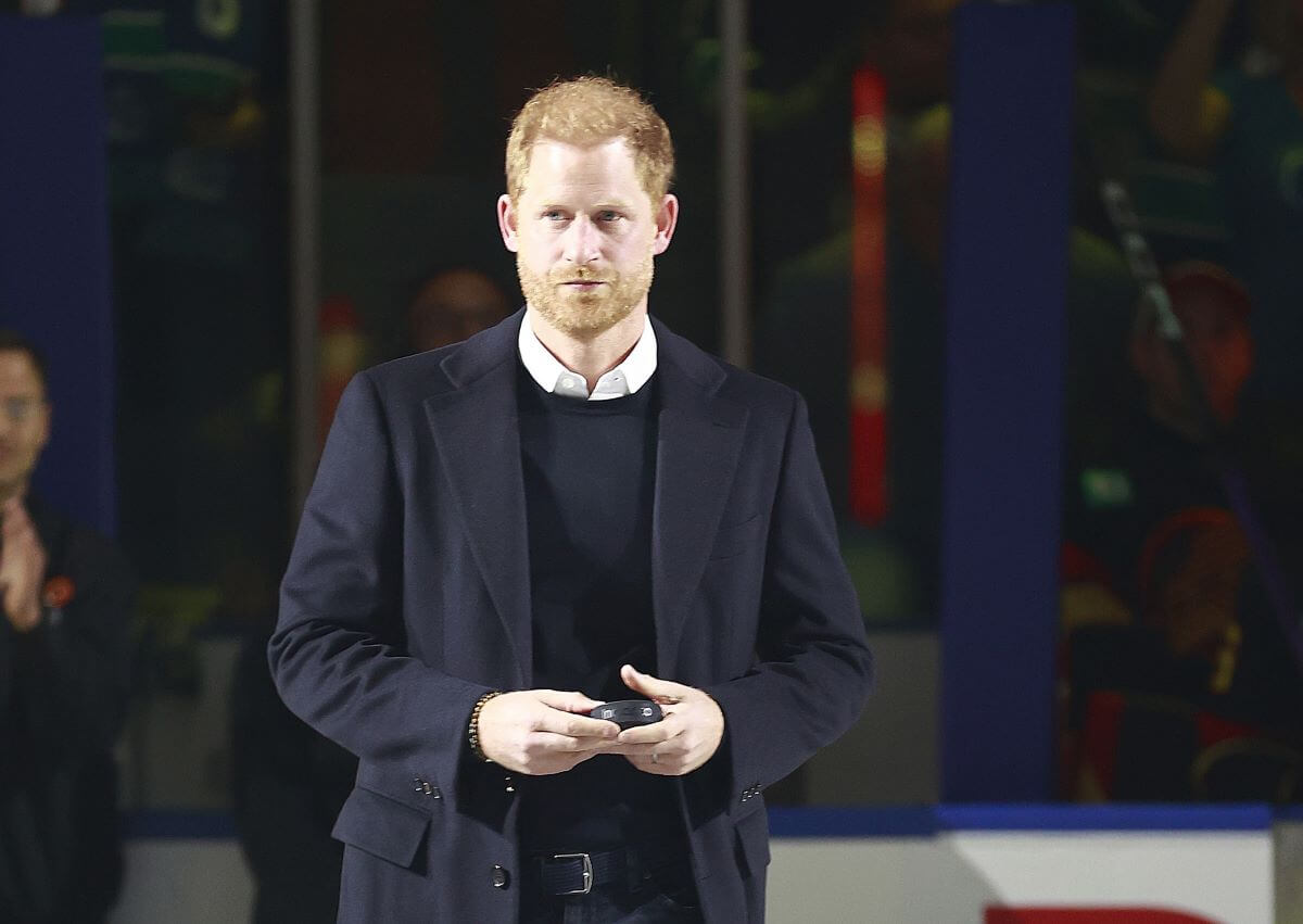 Prince Harry takes part in a ceremonial faceoff before the start of an NHL game