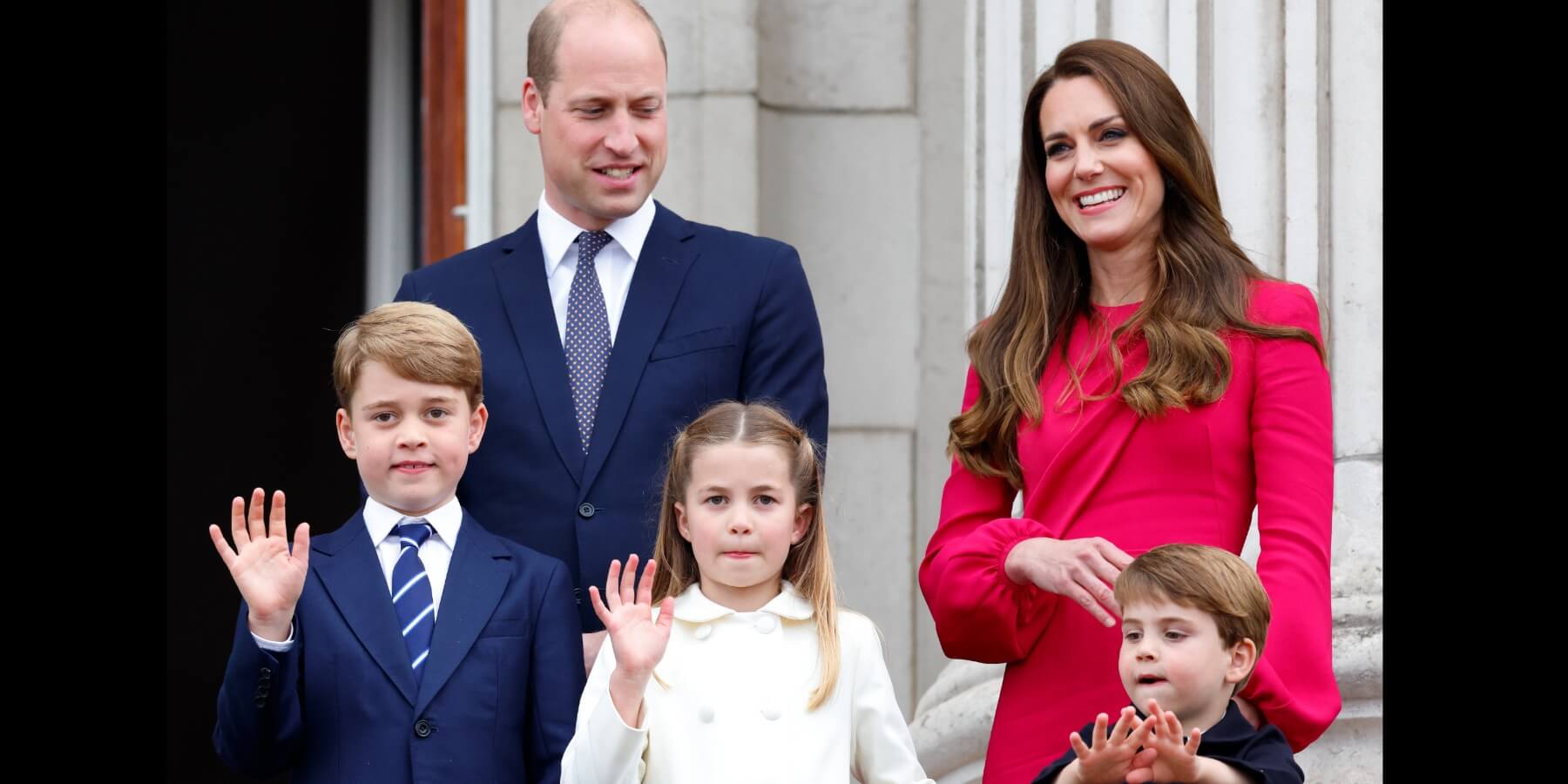 Prince William, Kate Middleton, Prince George, Princess Charlotte and Prince Louis on the Buckingham Palace balcony in 2022.