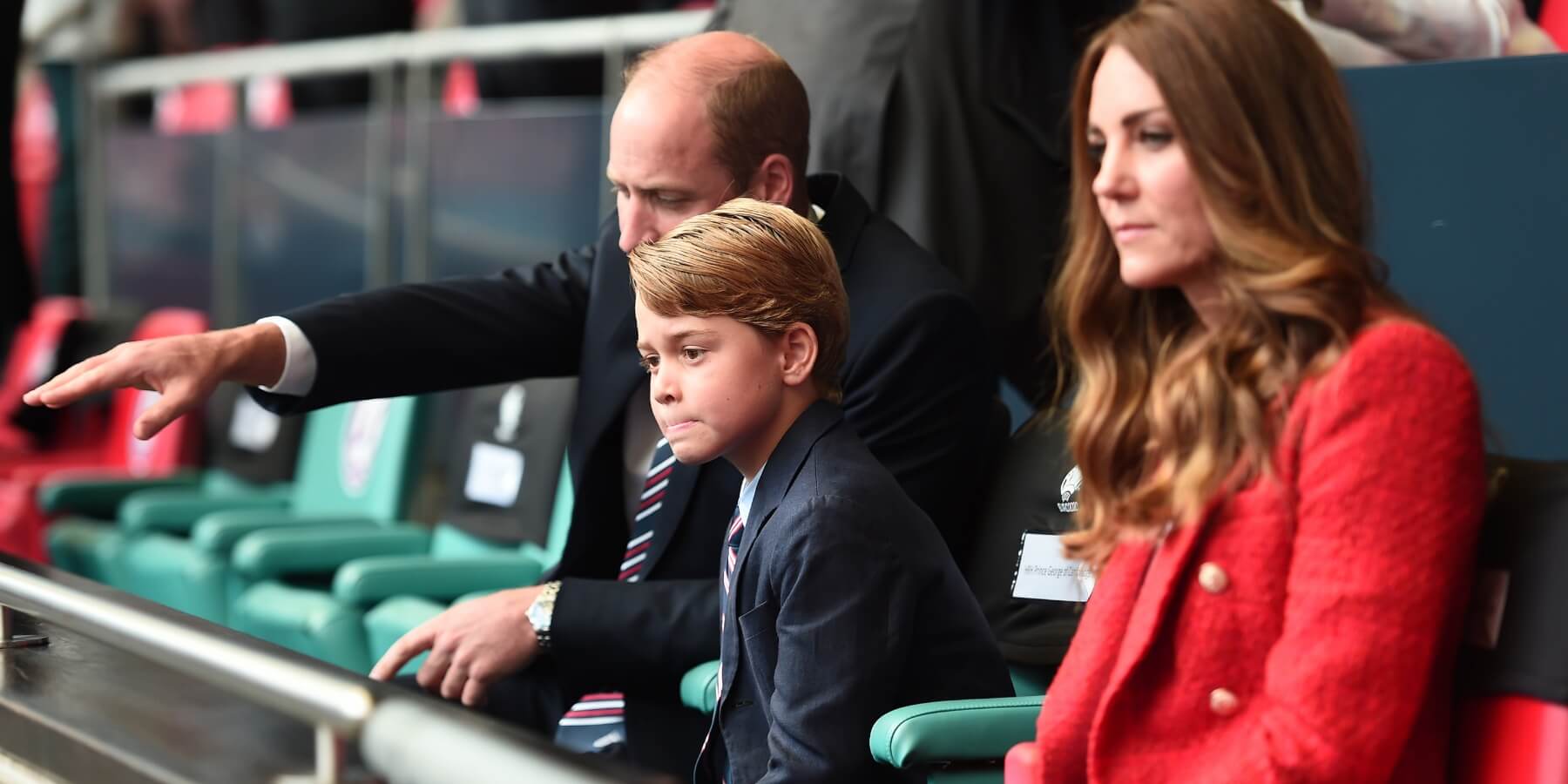 Prince William, Prince George, and Kate Middleton at a football match on June 29, 2021 in London, England.