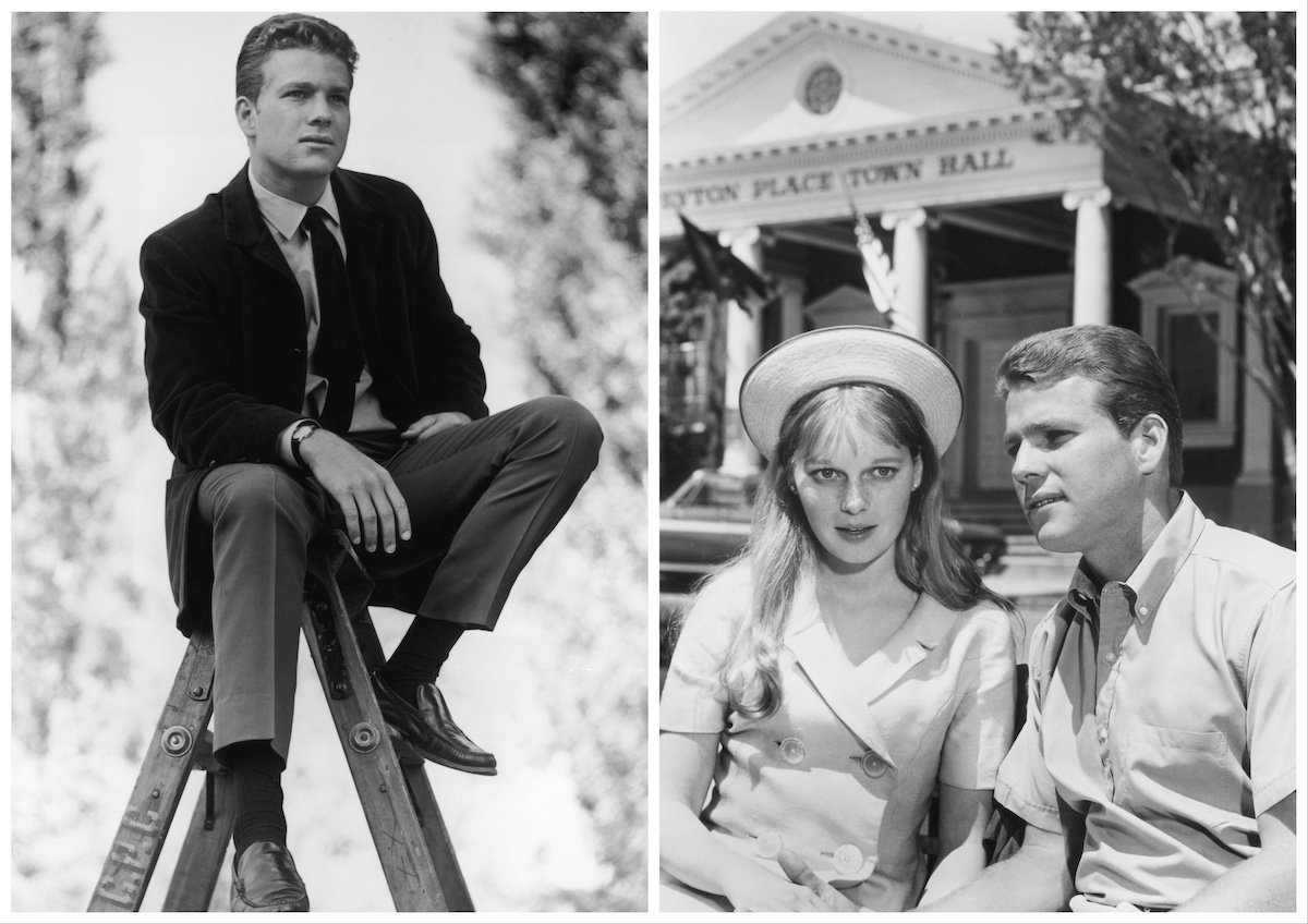 Side by side black and white images of young Ryan O'Neal sitting on a laddder and Ryan O'Neal and Mia Farrow in Peyton Place