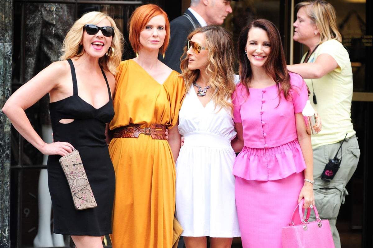 The cast of 'Sex and the City', including Kim Cattrall, Cynthia Nixon, Sarah Jessica Parker and Kristin Davis on set in 2009